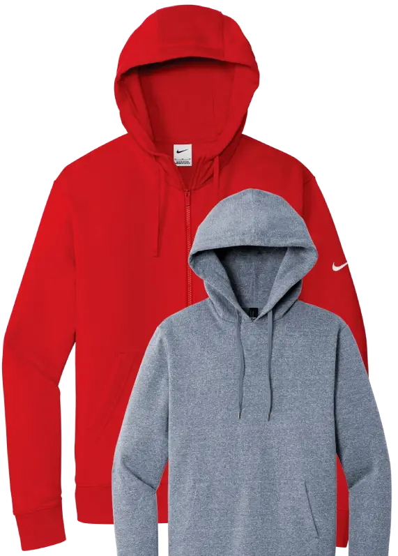 Two hoodies stacked: a bright red zip-up hoodie and a gray pullover hoodie, both with hoods, showcasing casual athletic wear.