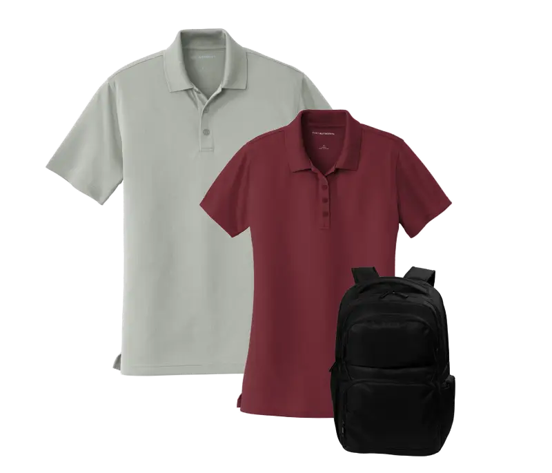 Two polo shirts, one light gray and one burgundy, paired with a sleek black backpack, arranged against a transparent background.