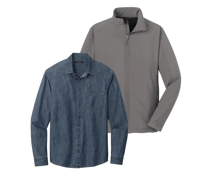 A denim long-sleeve shirt and a gray zip-up jacket displayed together against a transparent background.