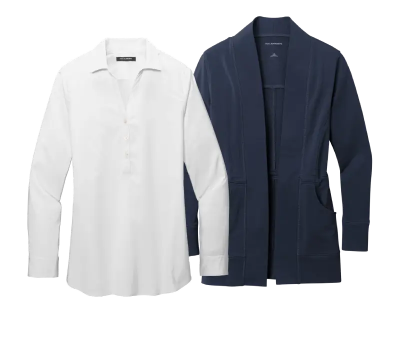 A white long-sleeve button-up shirt beside a navy cardigan with pockets, showcasing a modern and stylish apparel pairing.