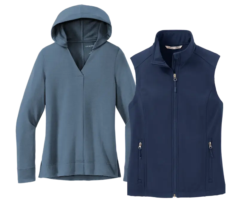 A white long-sleeve button-up shirt beside a navy cardigan with pockets, showcasing a modern and stylish apparel pairing.